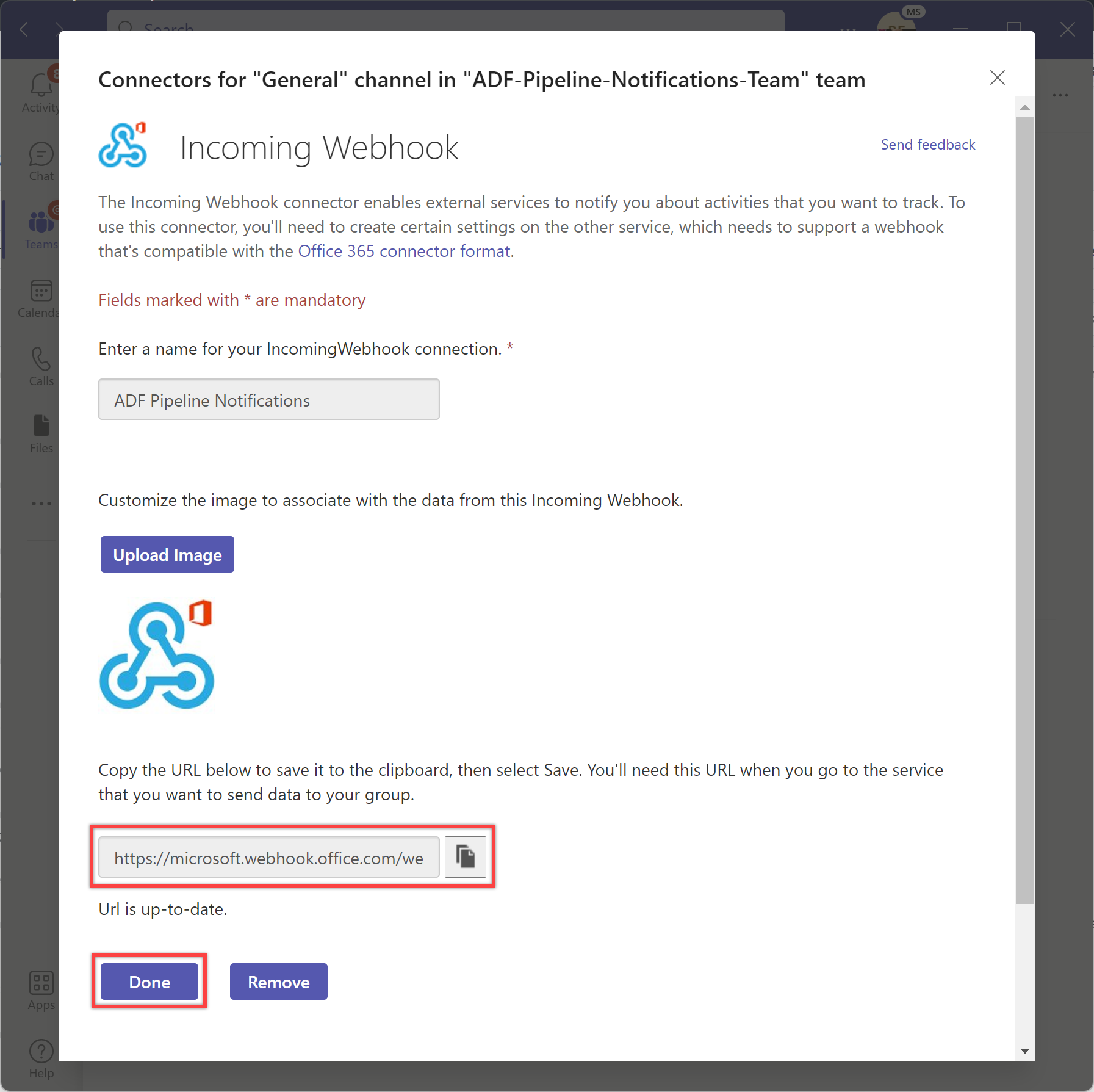 显示创建后在“传入 Webhook 选项”页上的新的 Webhook URL。