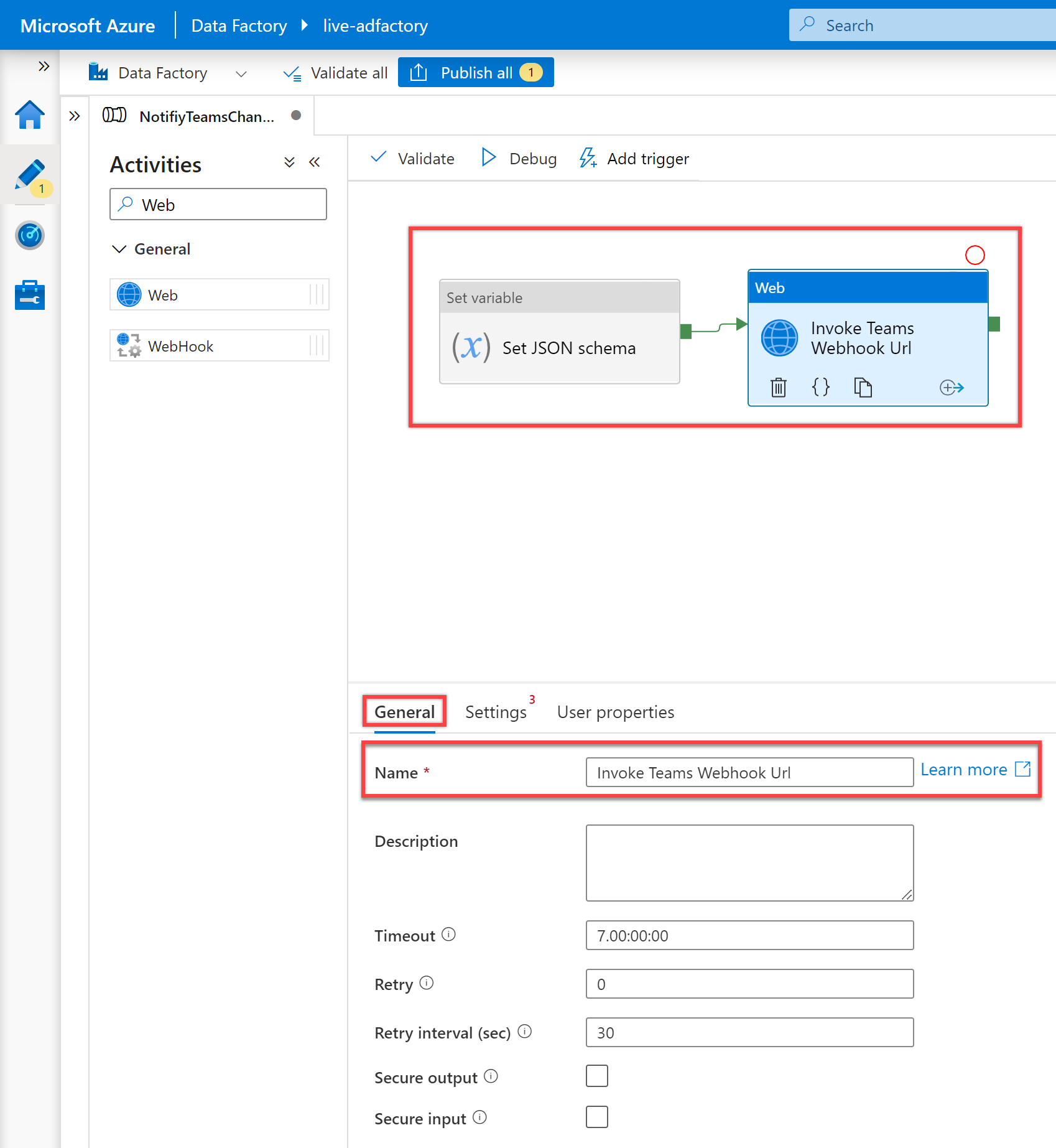 显示了“Web”活动常规窗格。