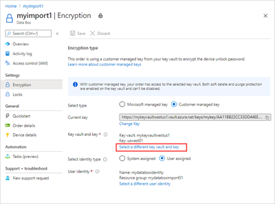 Data Box 订单的“概述”页的屏幕截图,其中突出显示了选择不同密钥保管库和密钥选项的过程。