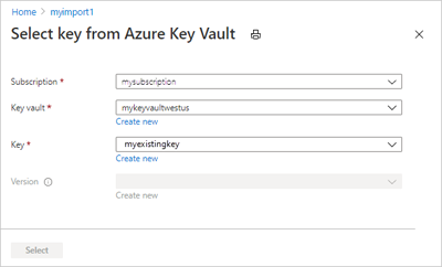 显示从 Azure Key Vault 中选择密钥的屏幕截图。