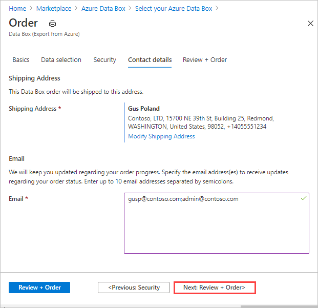 Data Box 订单的联系人详细信息摘要的屏幕截图。