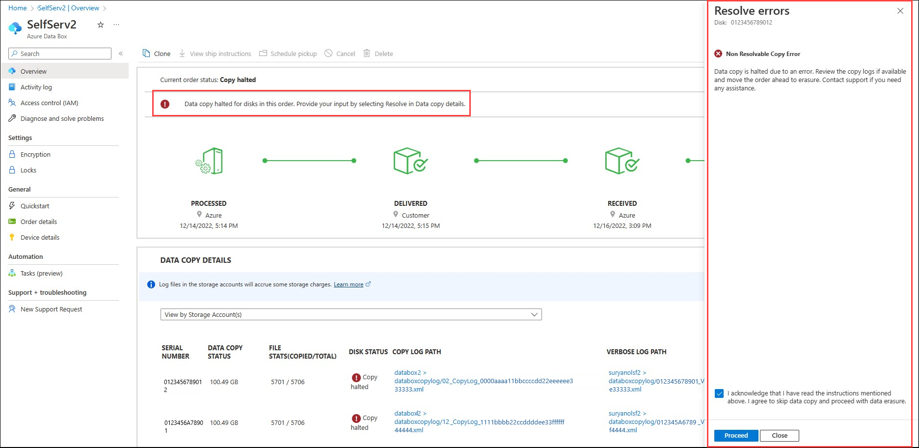 Data Box Disk 订单和“解决错误”窗格的屏幕截图。