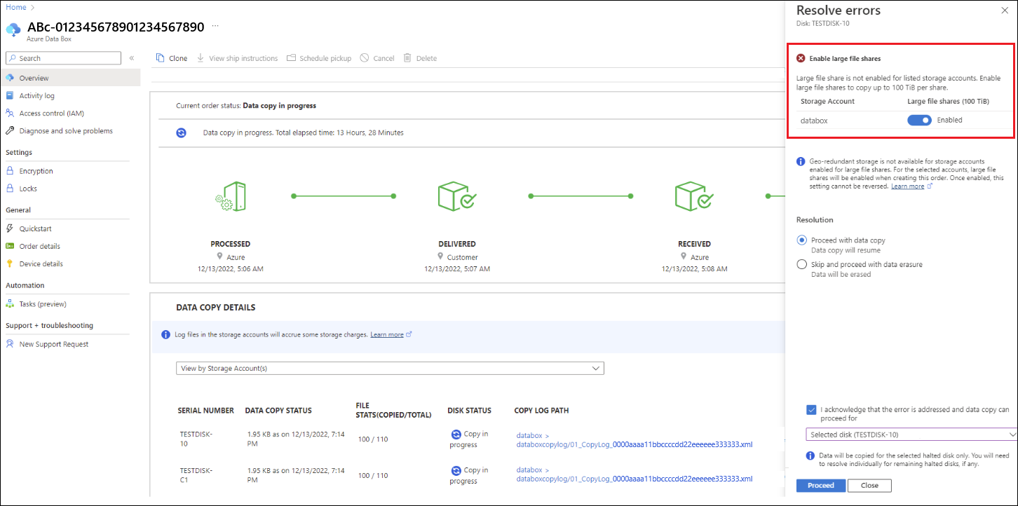 Data Box Disk 订单和“解决错误”窗格的屏幕截图，其中突出显示了“启用大型文件共享”。