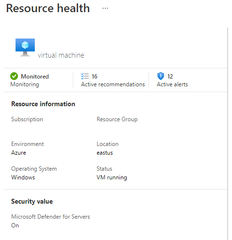 Microsoft Defender for Cloud 资源运行状况页的左窗格显示有关资源的订阅、状态和监视信息。它还包括未完成的安全建议和安全警报总数。