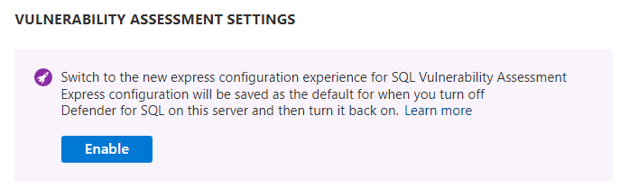 Microsoft Defender for SQL 设置中，从经典版本迁移到快速漏洞评估配置的通知截图。