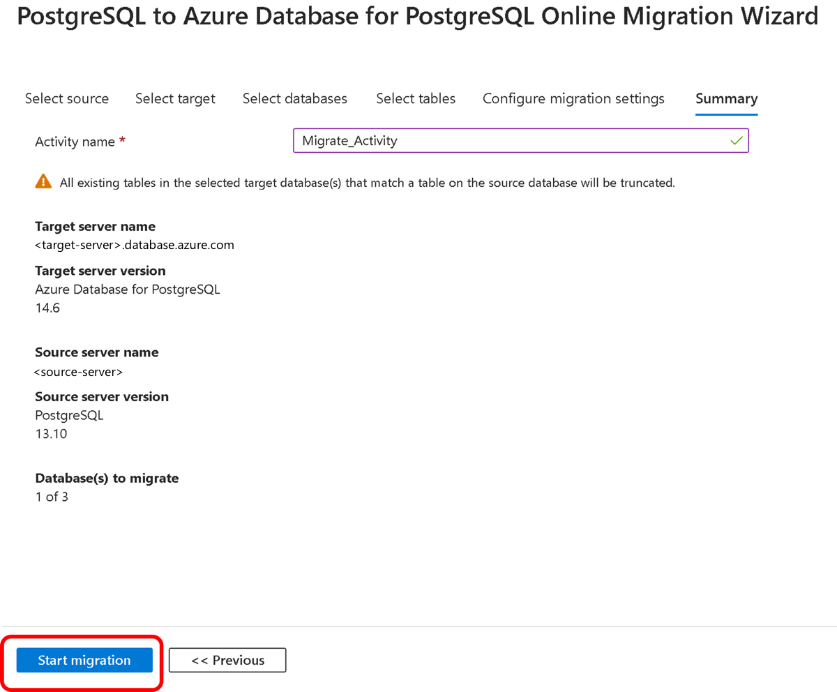 迁移摘要屏幕的屏幕截图。