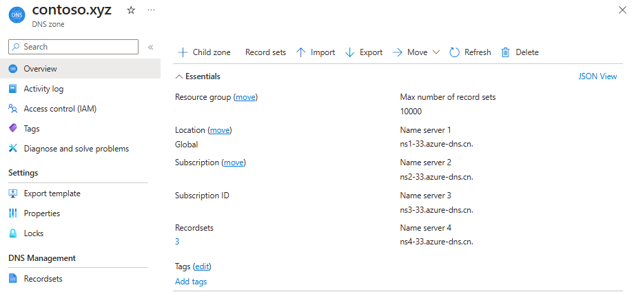 DNS 区域内容的屏幕截图。