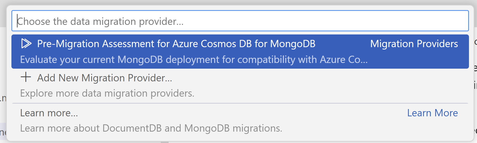 Visual Studio Code 命令面板的截图，显示了预迁移评估选项。