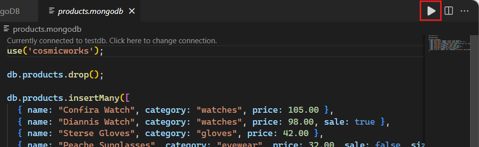 MongoDB 扩展开发环境中“运行所有”按钮的屏幕截图。