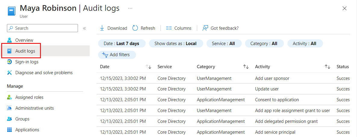 显示审核日志输出示例的屏幕截图。