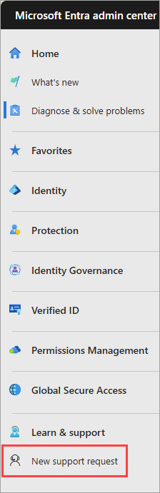 左侧导航菜单中新支持请求按钮的屏幕截图。