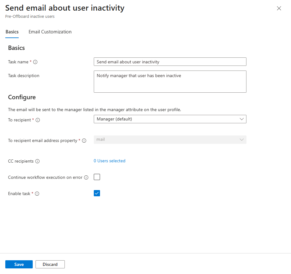 工作流任务的屏幕截图：发送非活动电子邮件。