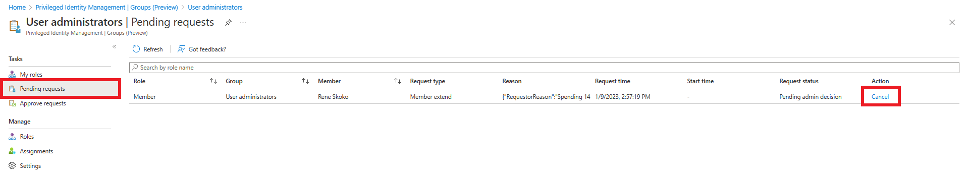 待处理请求页的屏幕截图,其中显示了“取消”链接。