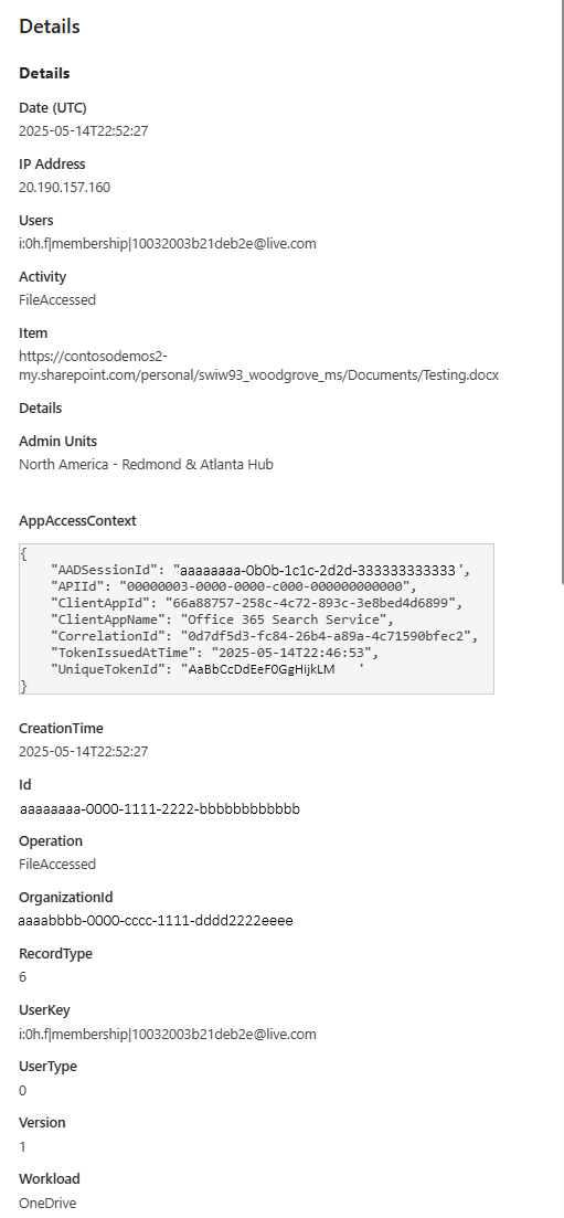 Microsoft Purview 门户的屏幕截图，其中显示了具有 SharePoint Online 可链接标识符的日志项。