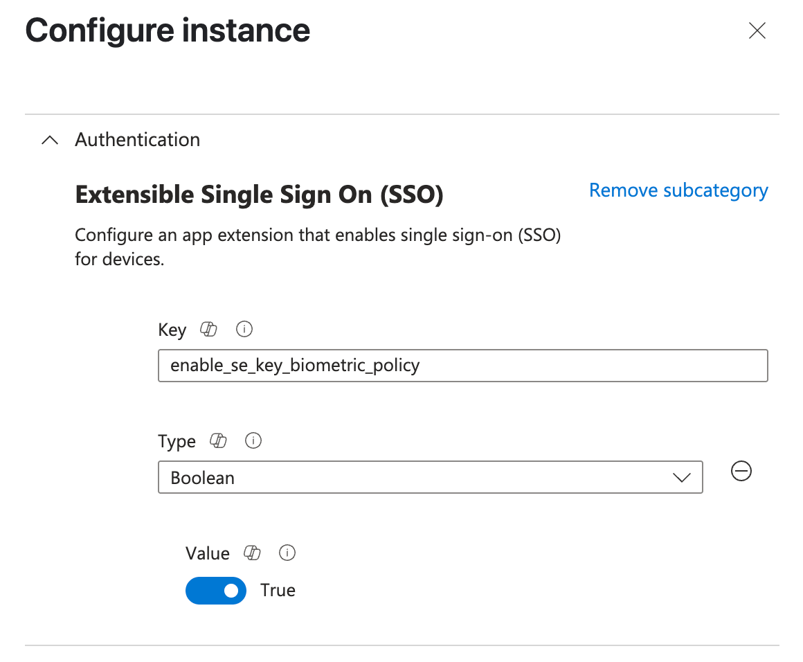 Microsoft Intune 中 UserSecureEnclaveKeyBiometricPolicy 配置的屏幕截图。