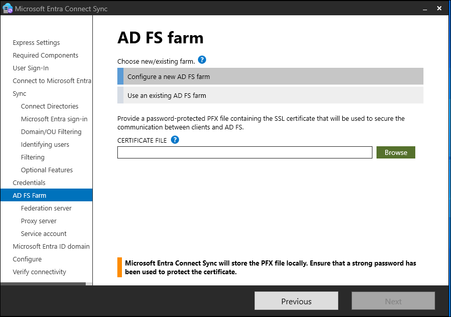 AD FS 服务器场页的屏幕截图。