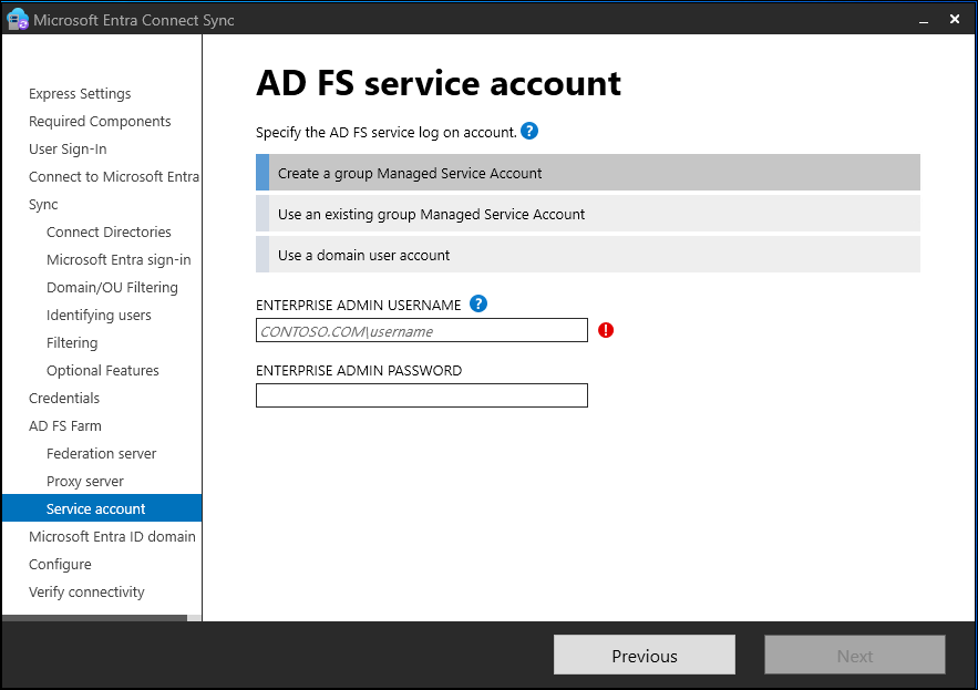 AD FS 服务帐户的屏幕截图。