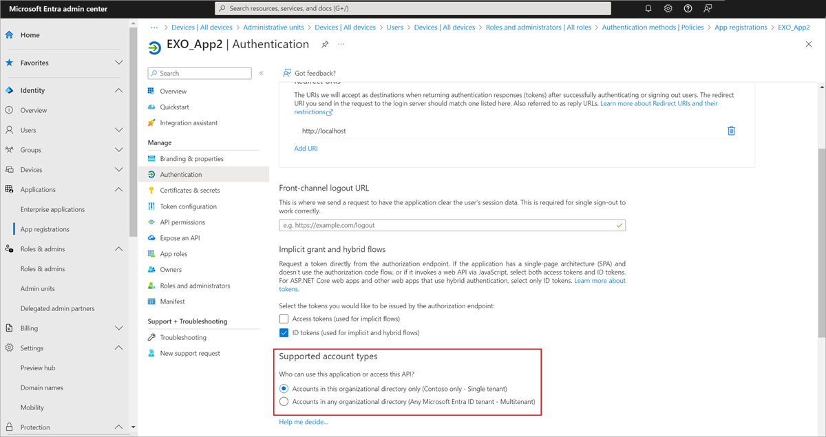 身份验证页面中授权访问应用注册帐户类型属性的屏幕截图。