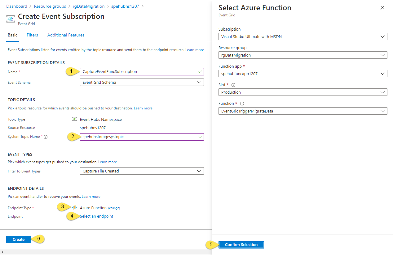 Create an event subscription using the function