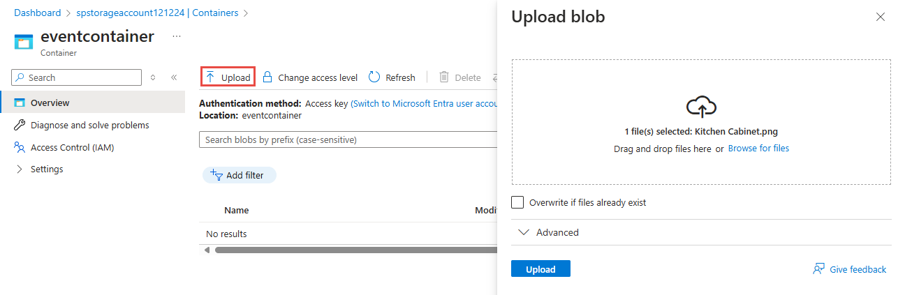 屏幕截图显示了用于上传示例映像的“上传 Blob”页。