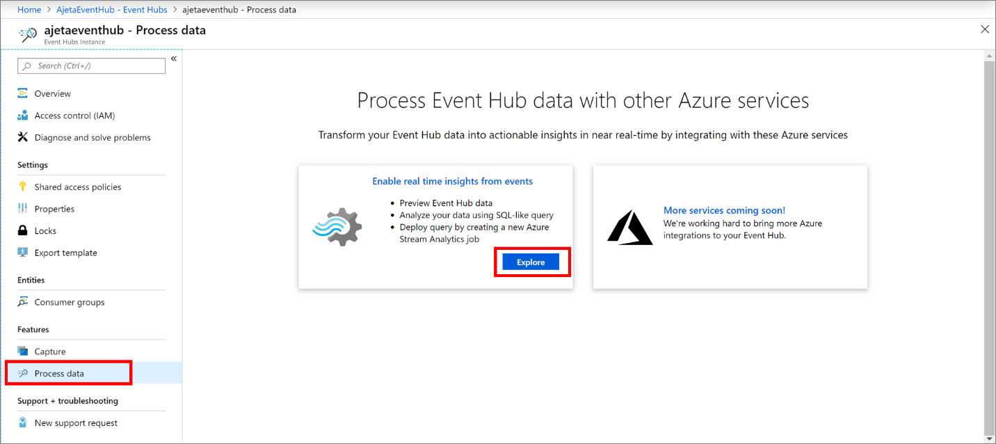 显示“处理数据”页面的屏幕截图,且在该页面中选择了“启用根据事件得出实时见解”磁贴。