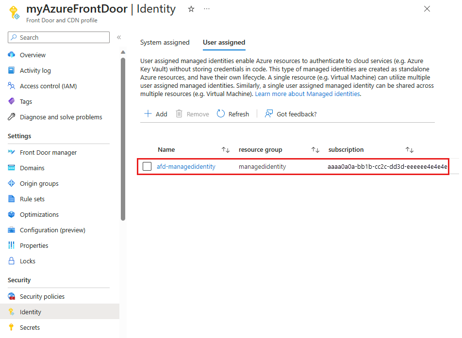 添加到 Front Door 配置文件的用户分配托管标识的屏幕截图。