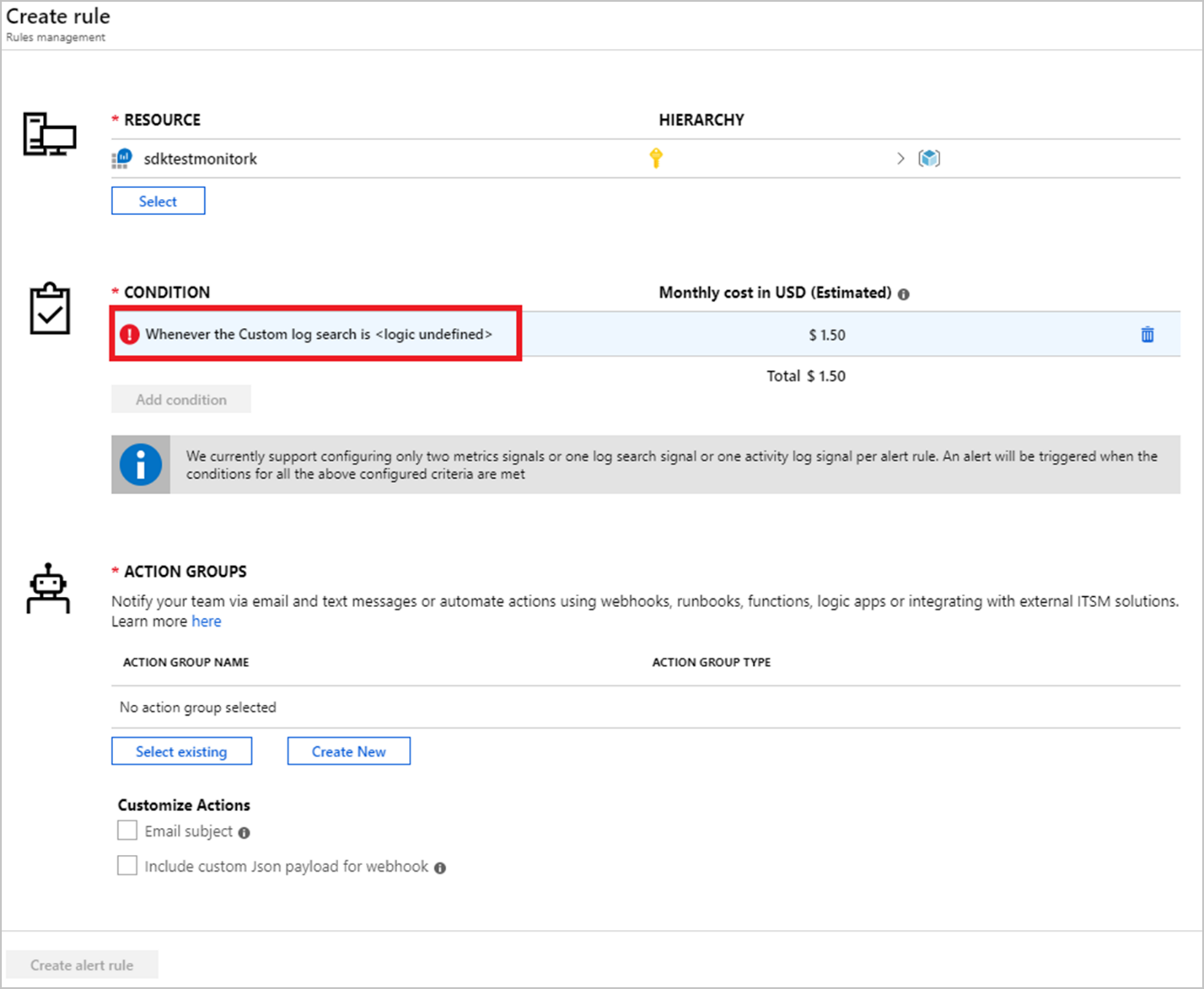 门户警报创建规则条件。