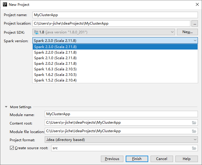 IntelliJ 新建项目选择 Spark 版本。