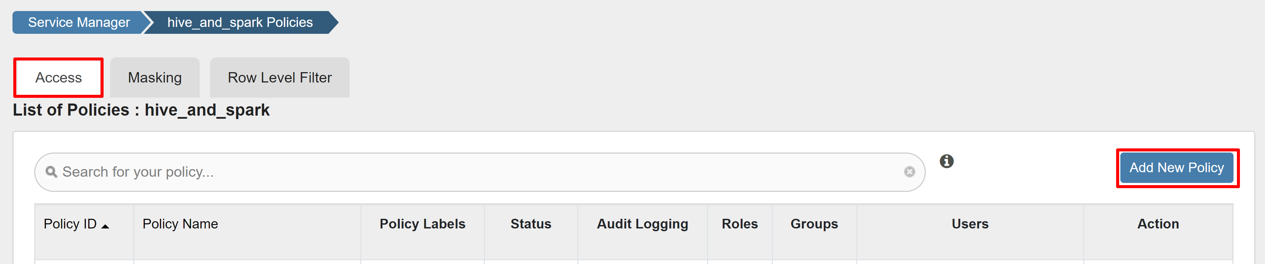 显示用于添加新访问策略的按钮的屏幕截图。
