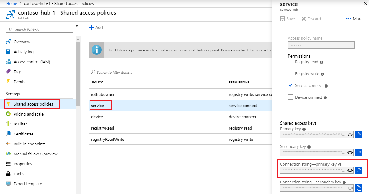 Screenshot that shows how to retrieve the connection string from your IoT Hub in the Azure portal.