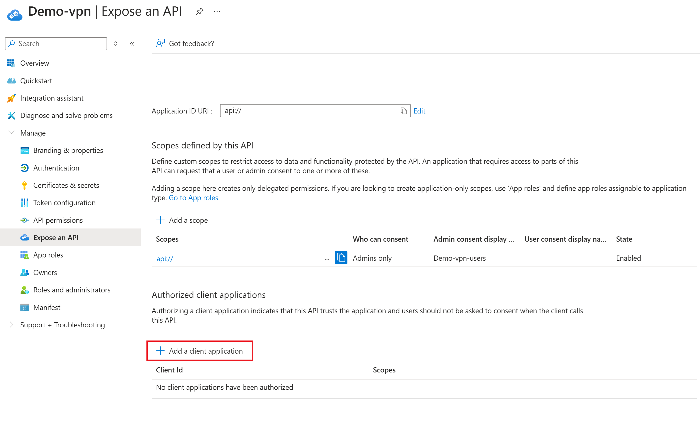 屏幕截图显示了“添加客户端应用程序”处于选中状态。