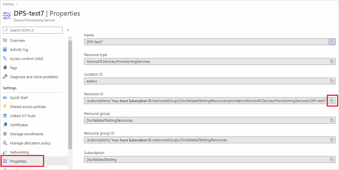 显示 Azure 门户中 DPS 实例的“属性”页的屏幕截图，其中突出显示了 DPS 实例的资源 ID。