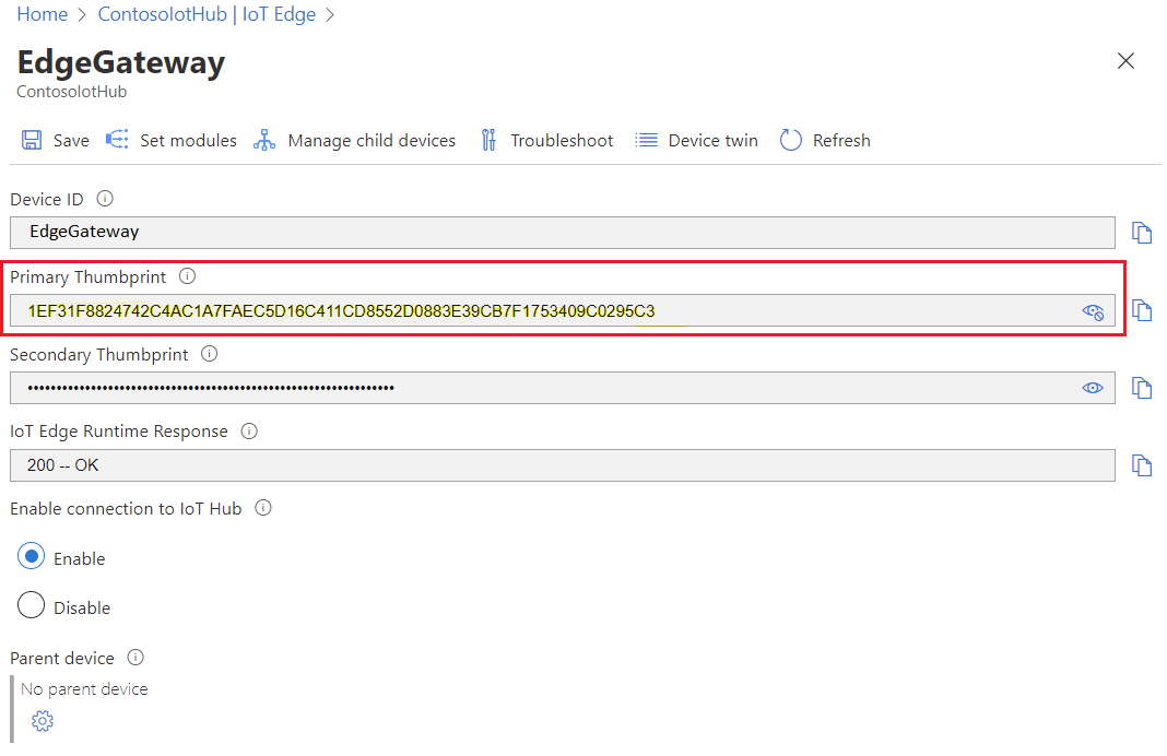 在 Azure 门户中 ContosoIotHub 的 EdgeGateway 设备指纹的截图。