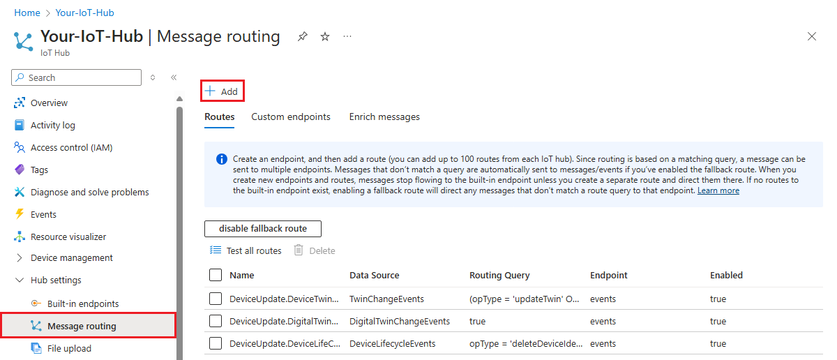 显示用于在 IoT 中心添加新路由的“添加”按钮位置的屏幕截图。