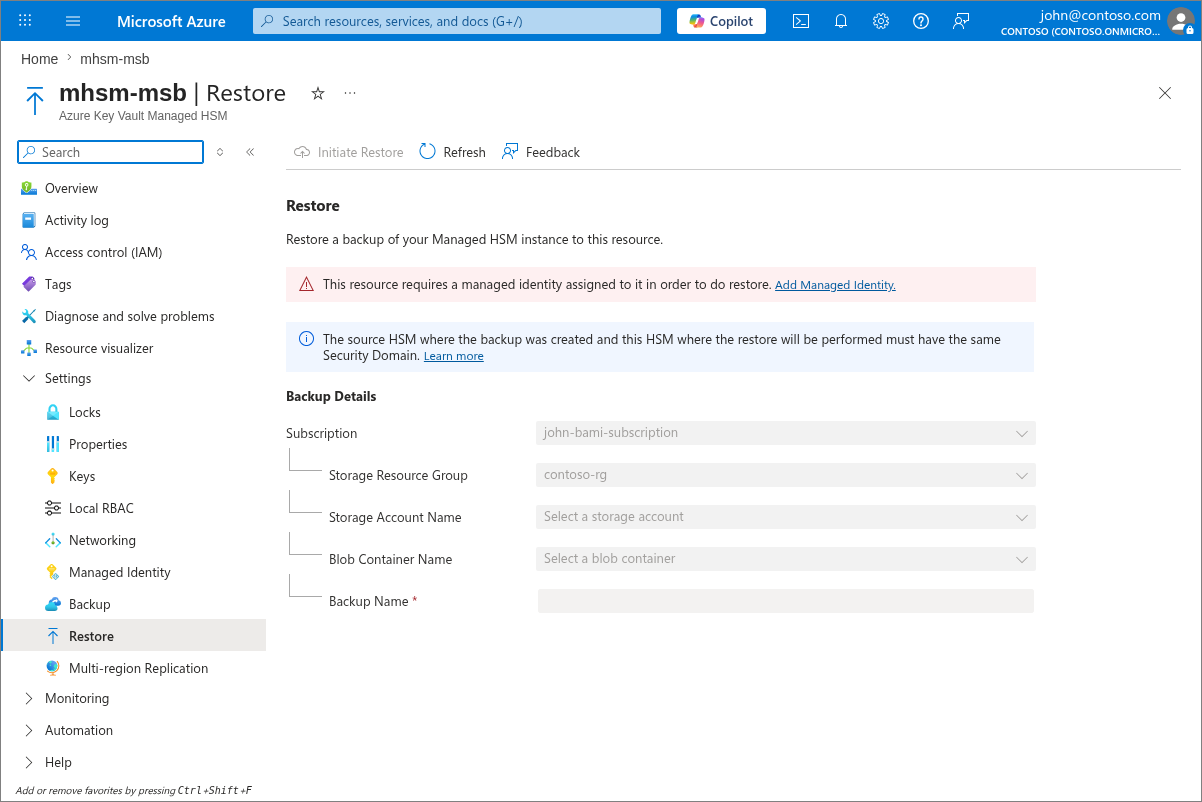Azure 门户中托管 HSM 还原边栏选项卡的屏幕截图。