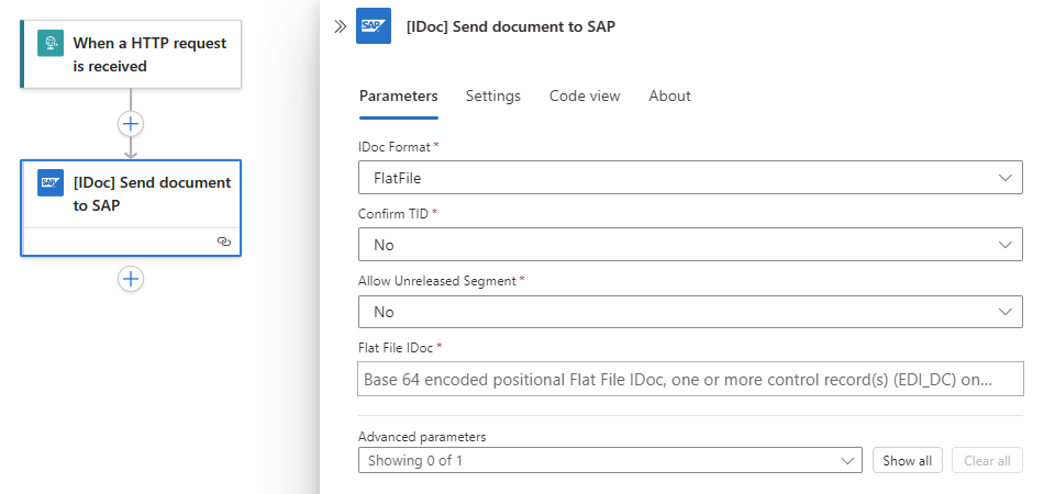 屏幕截图显示标准工作流和名为“IDoc 向 SAP 发送文档”的 SAP 内置操作。