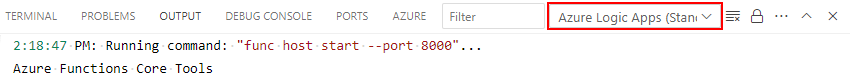 屏幕截图显示了“输出”窗口，其中选择了“范围列表”和“Azure 逻辑应用”（标准）。