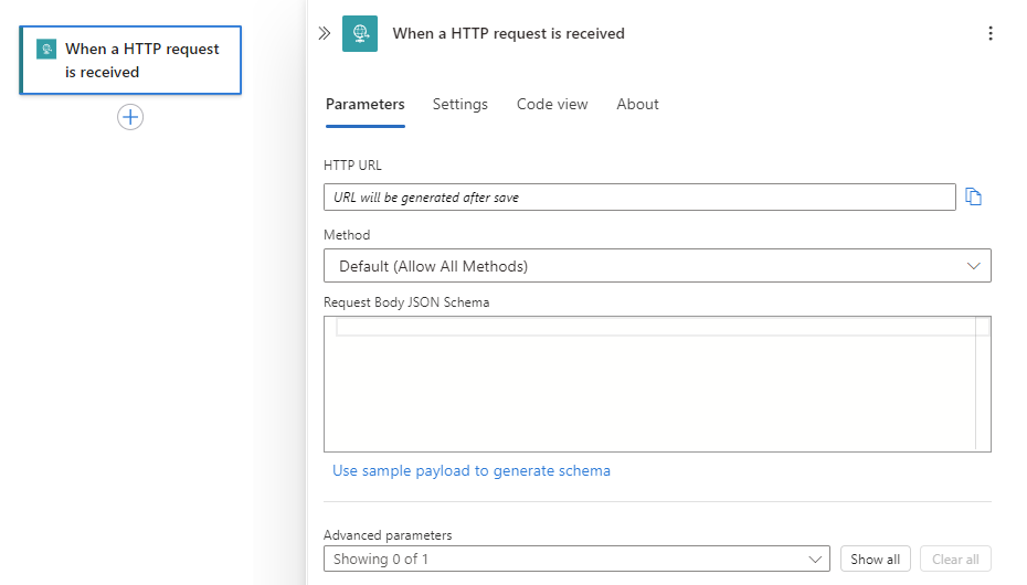 屏幕截图显示了“收到 HTTP 请求时”触发器的信息窗格。