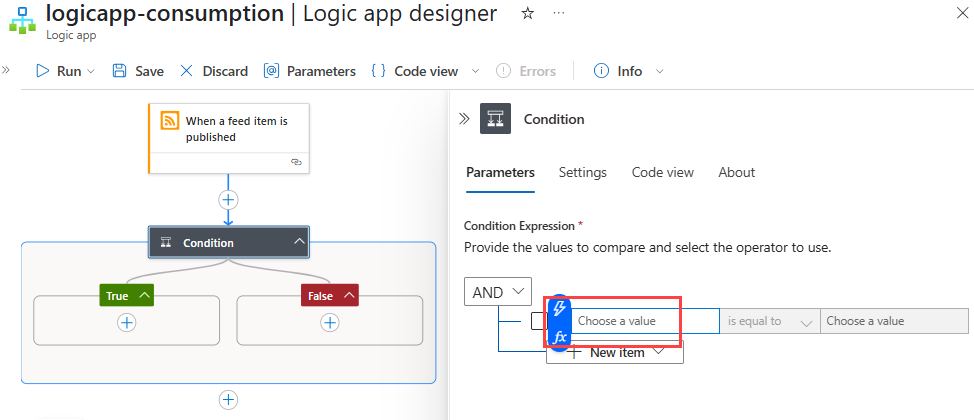 屏幕截图显示 Azure 门户、消耗工作流设计器、RSS 触发器和条件动作，其中已打开信息窗格，并且已选择动态内容按钮。