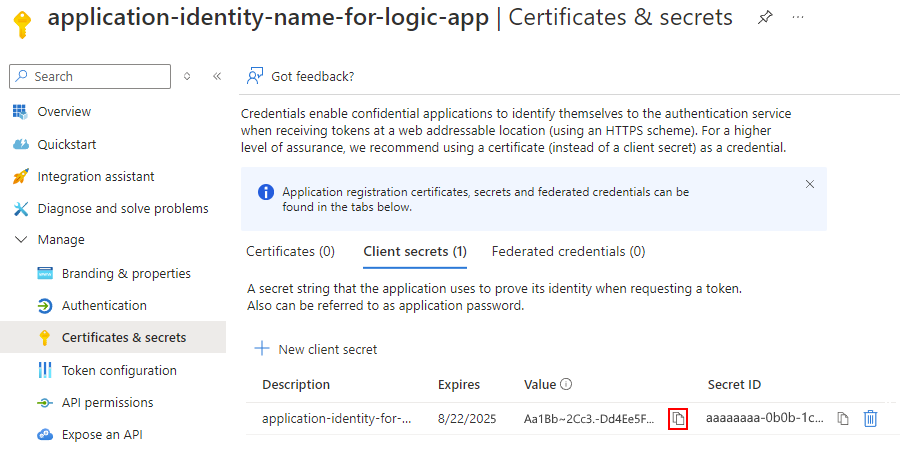 屏幕截图显示了机密值和机密 ID，同时机密值的复制按钮已被选中。