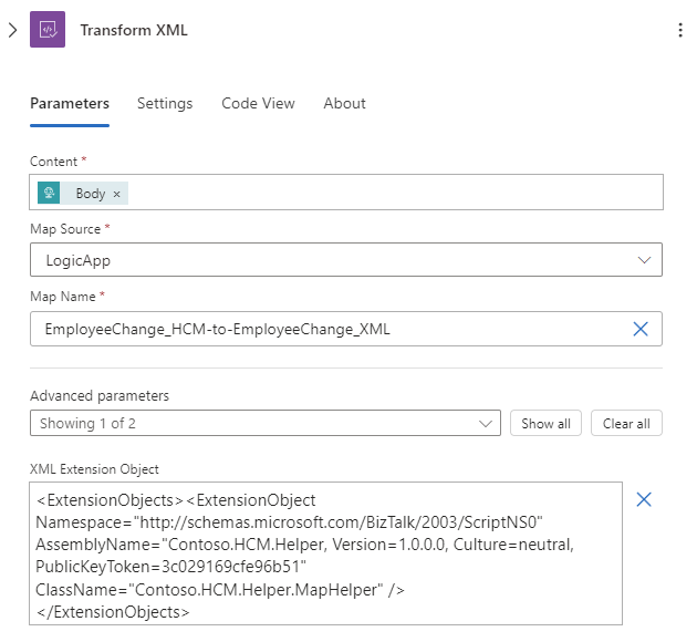 屏幕截图显示了使用 XML 扩展对象参数和值的转换 XML 操作。