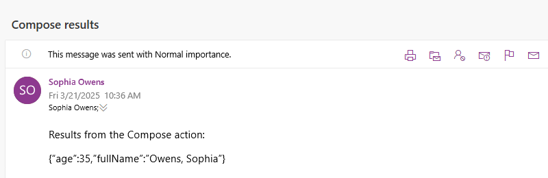 屏幕截图显示了包含“撰写”操作结果的电子邮件。