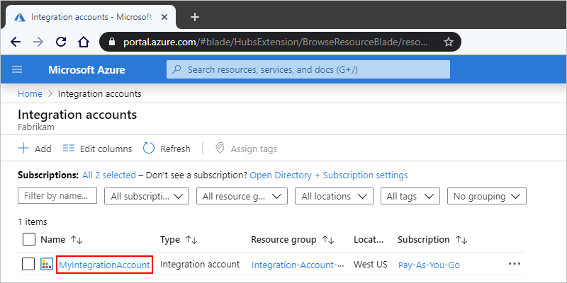 查找并选择集成帐户