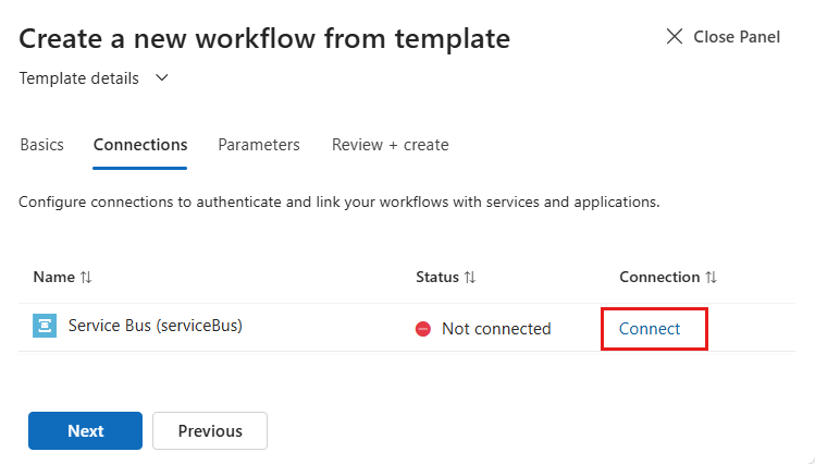 屏幕截图显示用于开始连接到 Azure 服务总线命名空间的窗格。