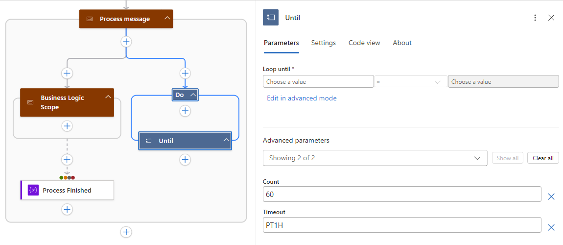 屏幕截图显示了具有 Until 循环的并行分支。