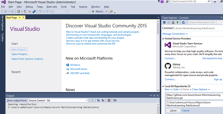 Visual Studio 的屏幕截图,其中显示了 GitHub 连接。