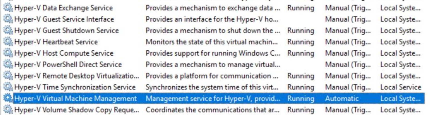 显示正在运行的 Hyper-V 服务的屏幕截图。