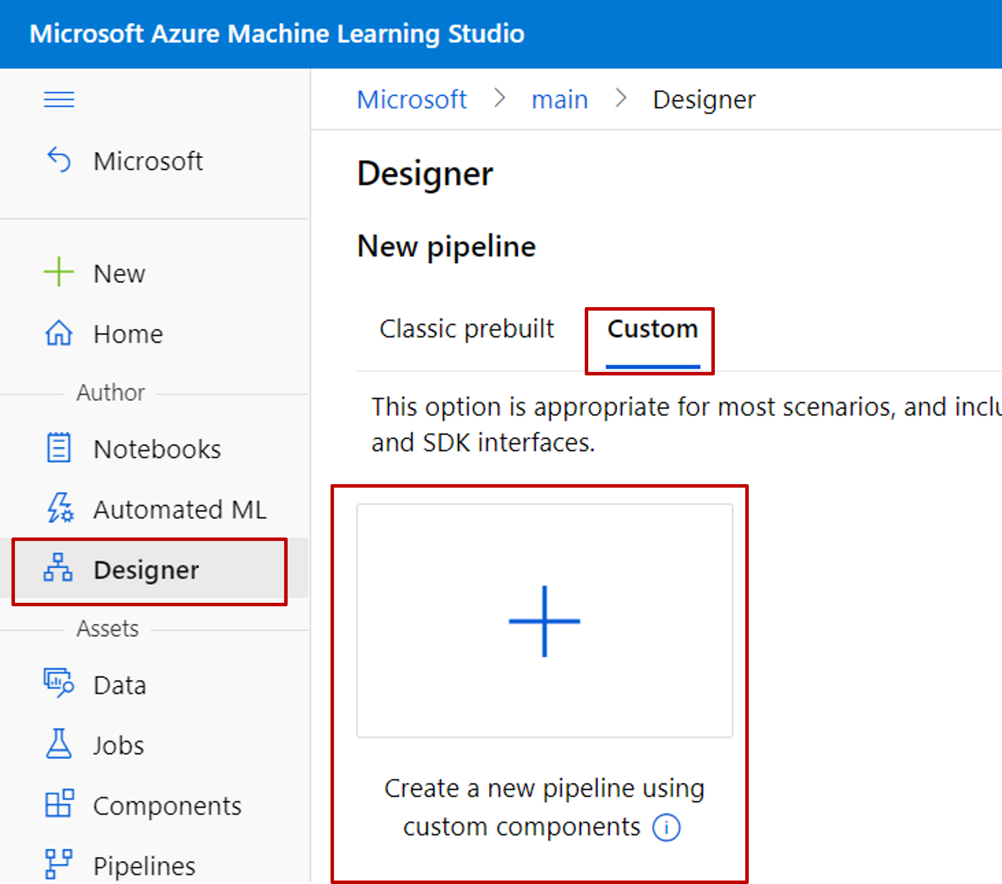 显示在设计器主页中创建新管道的屏幕截图。
