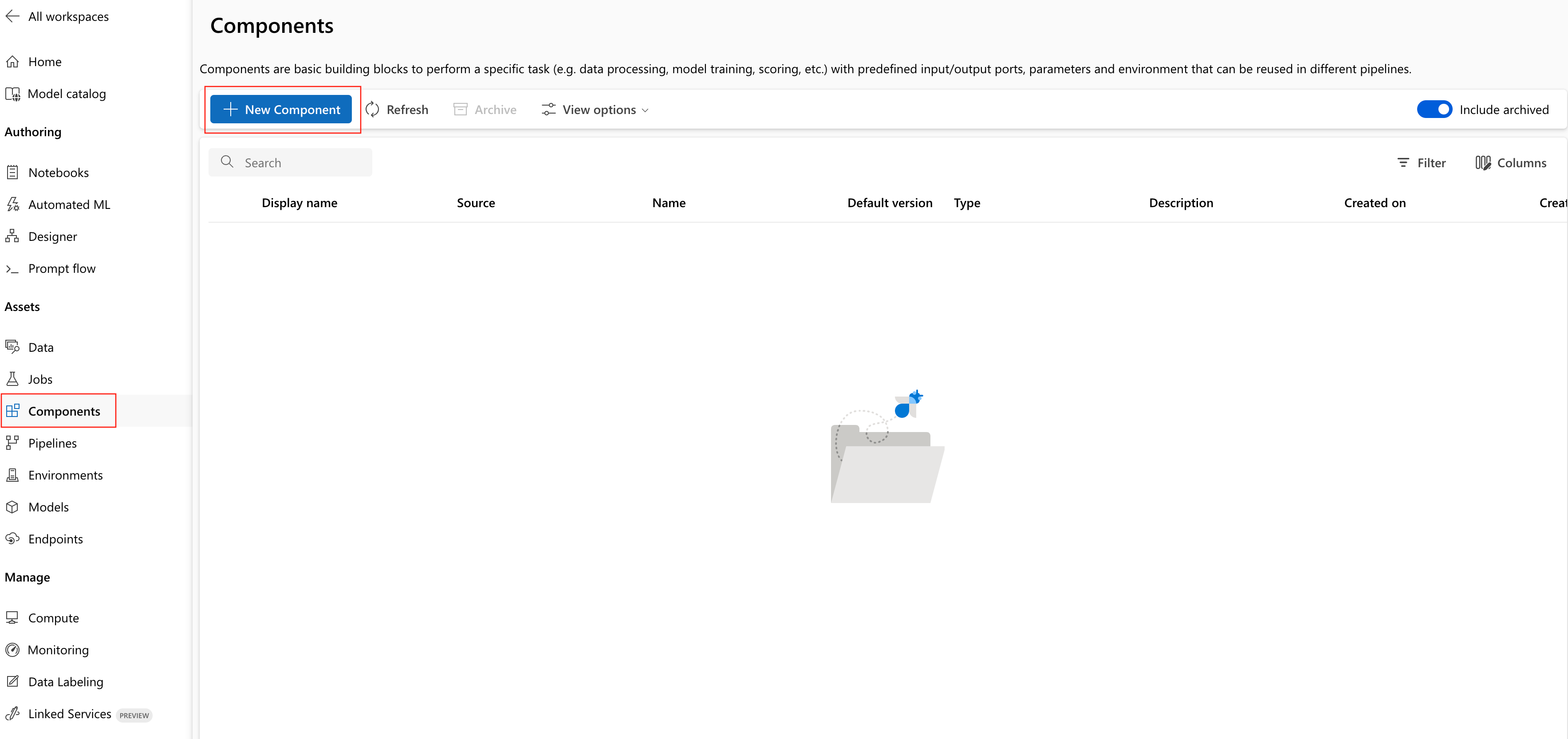显示带有“可包含存档”的组件页面中的注册条目按钮的屏幕截图。