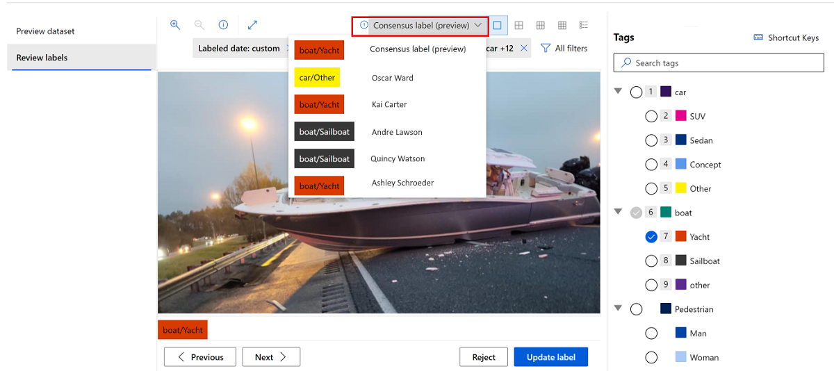 屏幕截图显示选择“共识标签”下拉菜单以审查有冲突的标签。